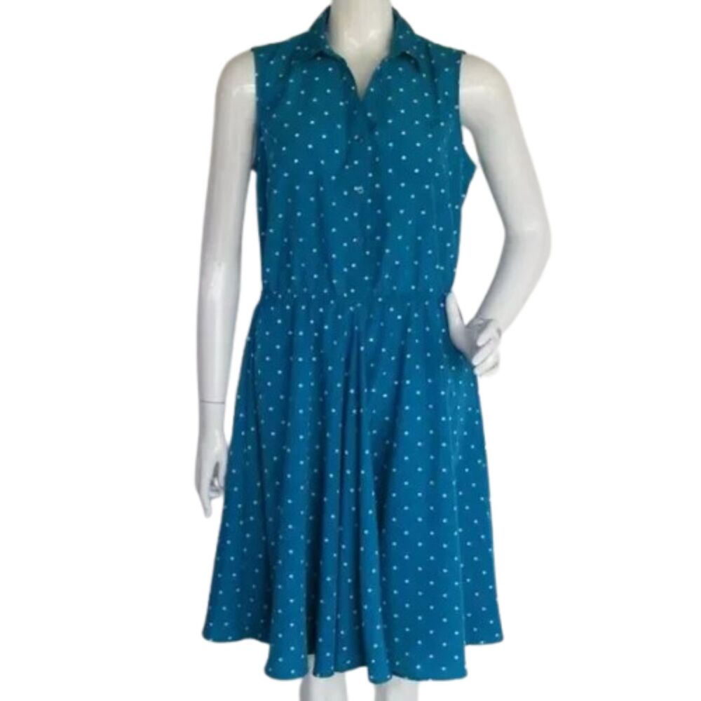 LARRY LEVINE Dress, M, Blue/White Polka Dots, Sleeveless, Collared, A-line